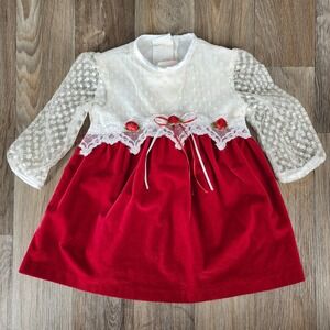 Vtg Evy Baby Girls 12M Red‎ Velvet Dress Long Sleeve Holiday Special Occasion